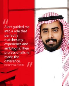 Mohammed Ibrahim Henishi, HR Manager in Saudi Arabia, smiling in traditional attire with quote about Alert HR Solutions’ support.