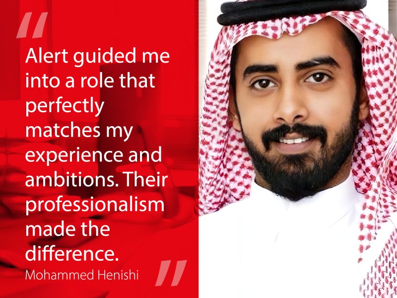 Mohammed Ibrahim Henishi, HR Manager in Saudi Arabia, smiling in traditional attire with quote about Alert HR Solutions’ support.