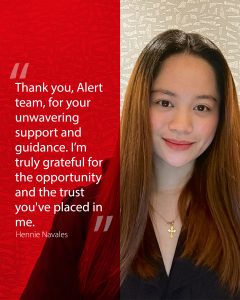 Portrait of Hennie Navales smiling, featured in an Alert Recruitment Success Story about her journey to a receptionist role in the oil and gas industry.