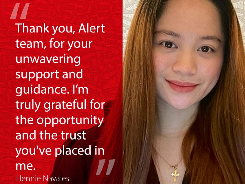 Portrait of Hennie Navales smiling, featured in an Alert Recruitment Success Story about her journey to a receptionist role in the oil and gas industry.