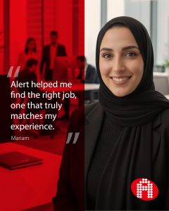 Mariam AlTerkawi smiling in professional office setting after successful job search with Alert