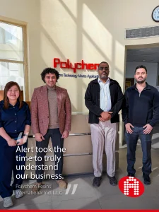 Veronica Morgado and Abdelrahman Hussain from Alert with the team of Polychem Resins International at their Dubai office, celebrating a successful sales leader hire in the manufacturing sector.